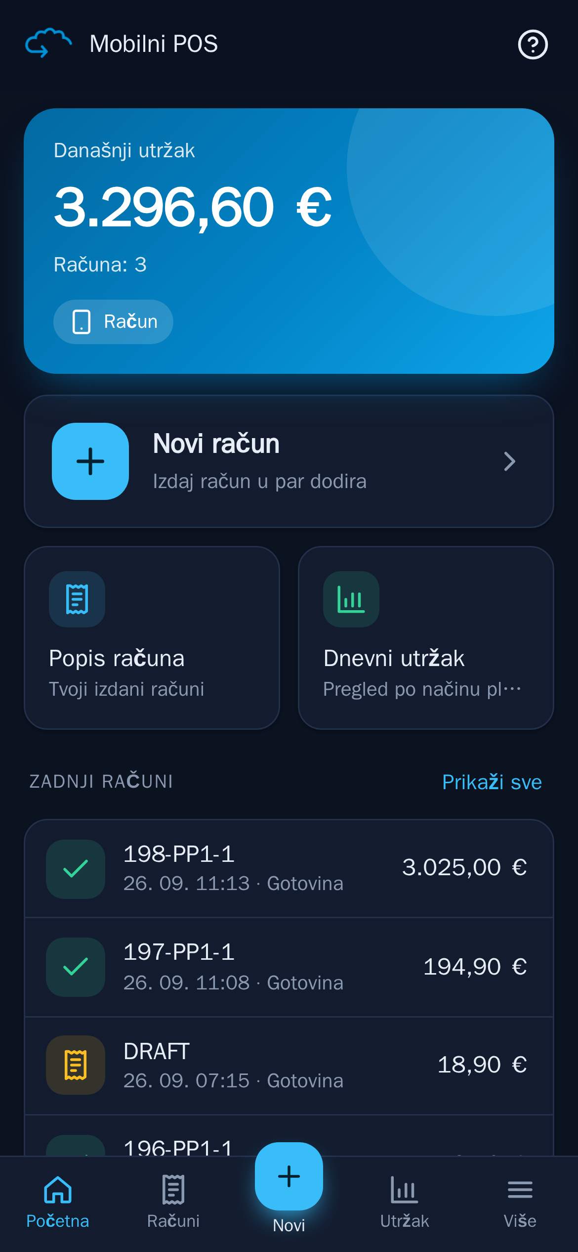 Početni ekran mobilne blagajne: novi račun, popis računa i dnevni utržak