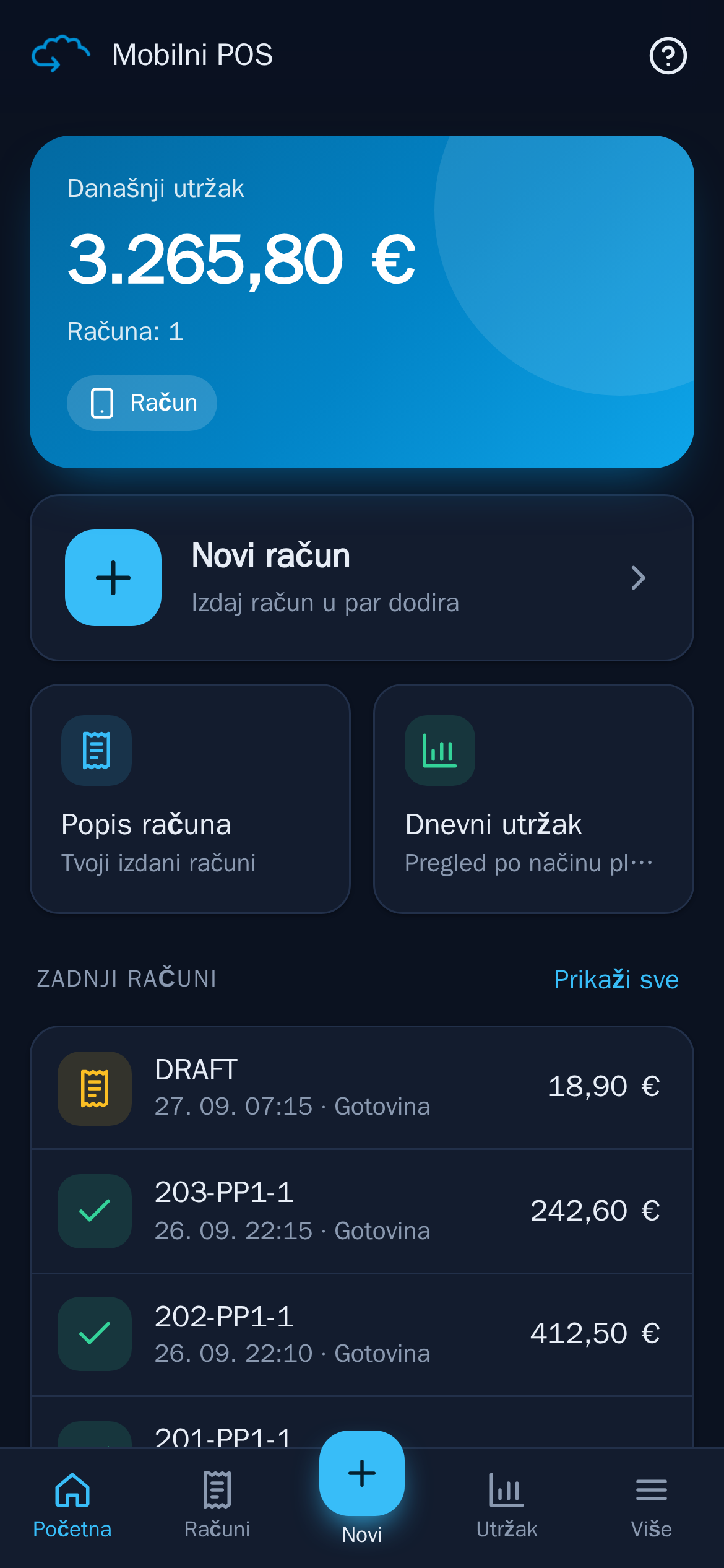 Početni ekran mobilne blagajne: novi račun, popis računa i dnevni utržak