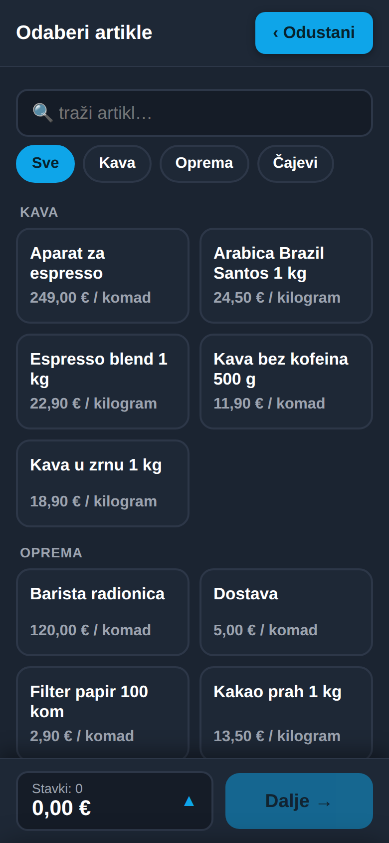 Mobilna blagajna PlanPlus: odabir artikala za novi račun