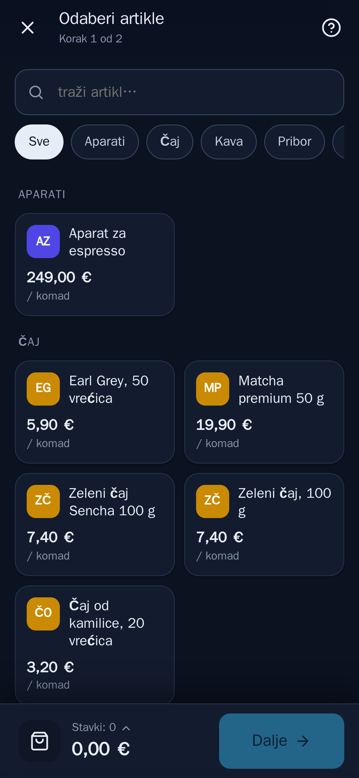 Mobilna blagajna PlanPlus: odabir artikala za novi račun