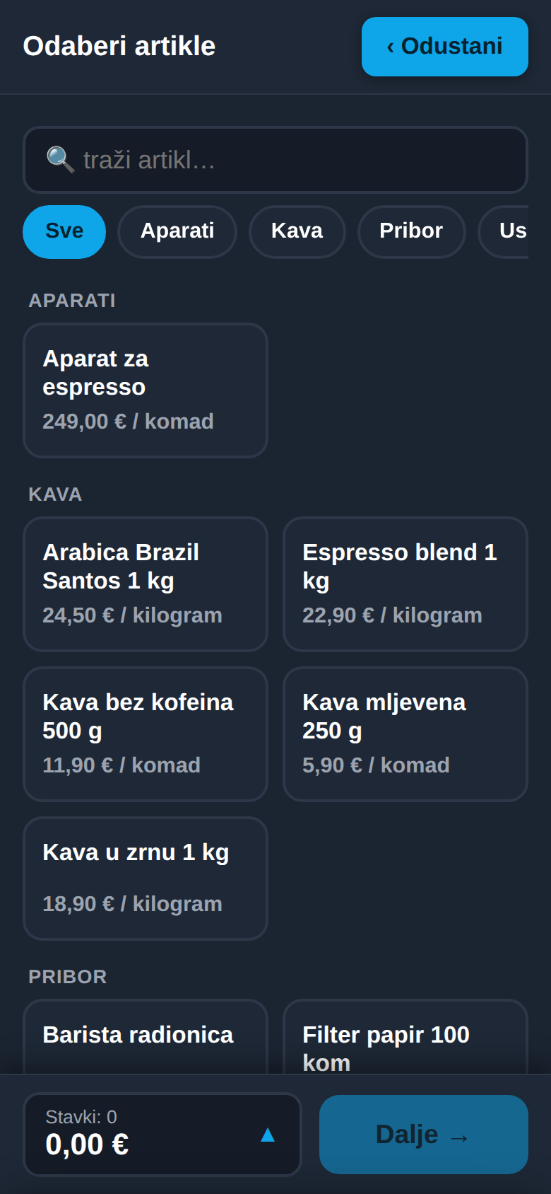 Mobilna blagajna PlanPlus: odabir artikala za novi račun